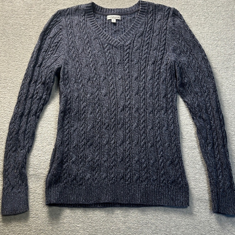 Cable Knit Sweater Womens Medium Blue V Neck Long Sleeve Pullover Croft & Barrow